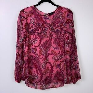 J. Crew Ruffle Silk Blouse Paisley Pink Ling Sleeve Lightweight Women’s Size 4
